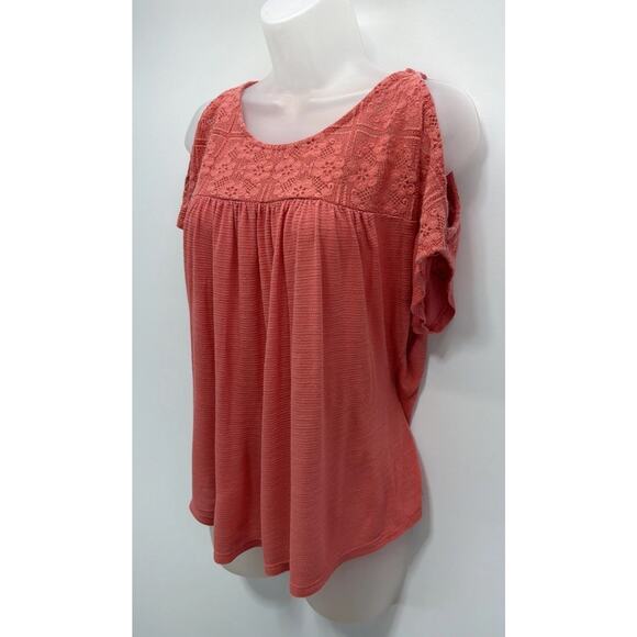 Lucky Brand Top Women's Sz M Orange Cold Shoulder Emboridered Lightweight #1738 - Picture 4 of 6